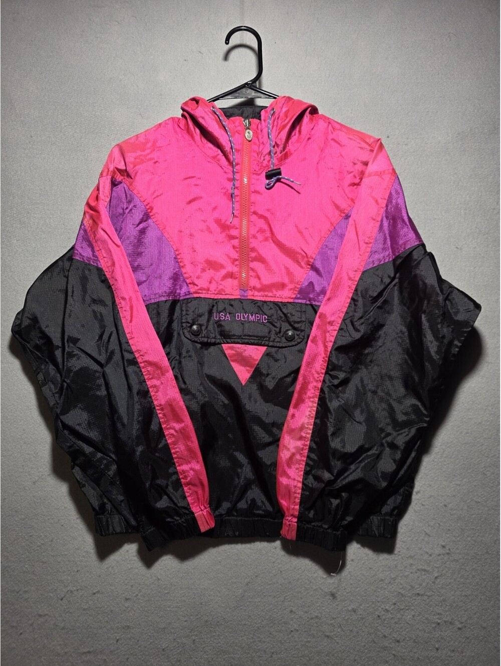 Vintage 90s USA Olympic Windbreaker Pullover Jacket Pink Black Size Small